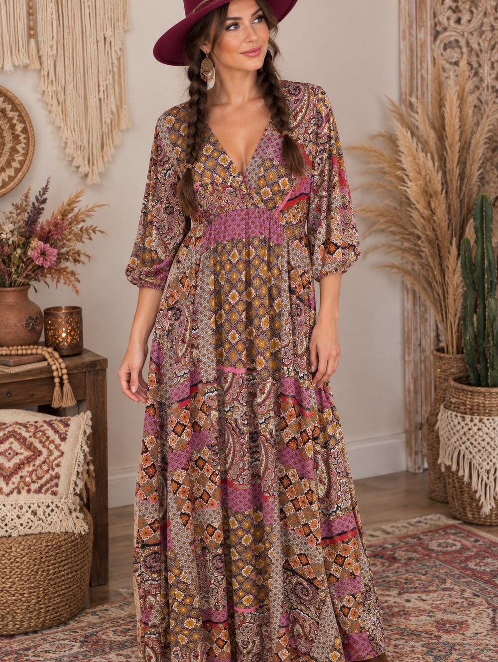 entro Pink & Mustard Paisley Patchwork Maxi Dress